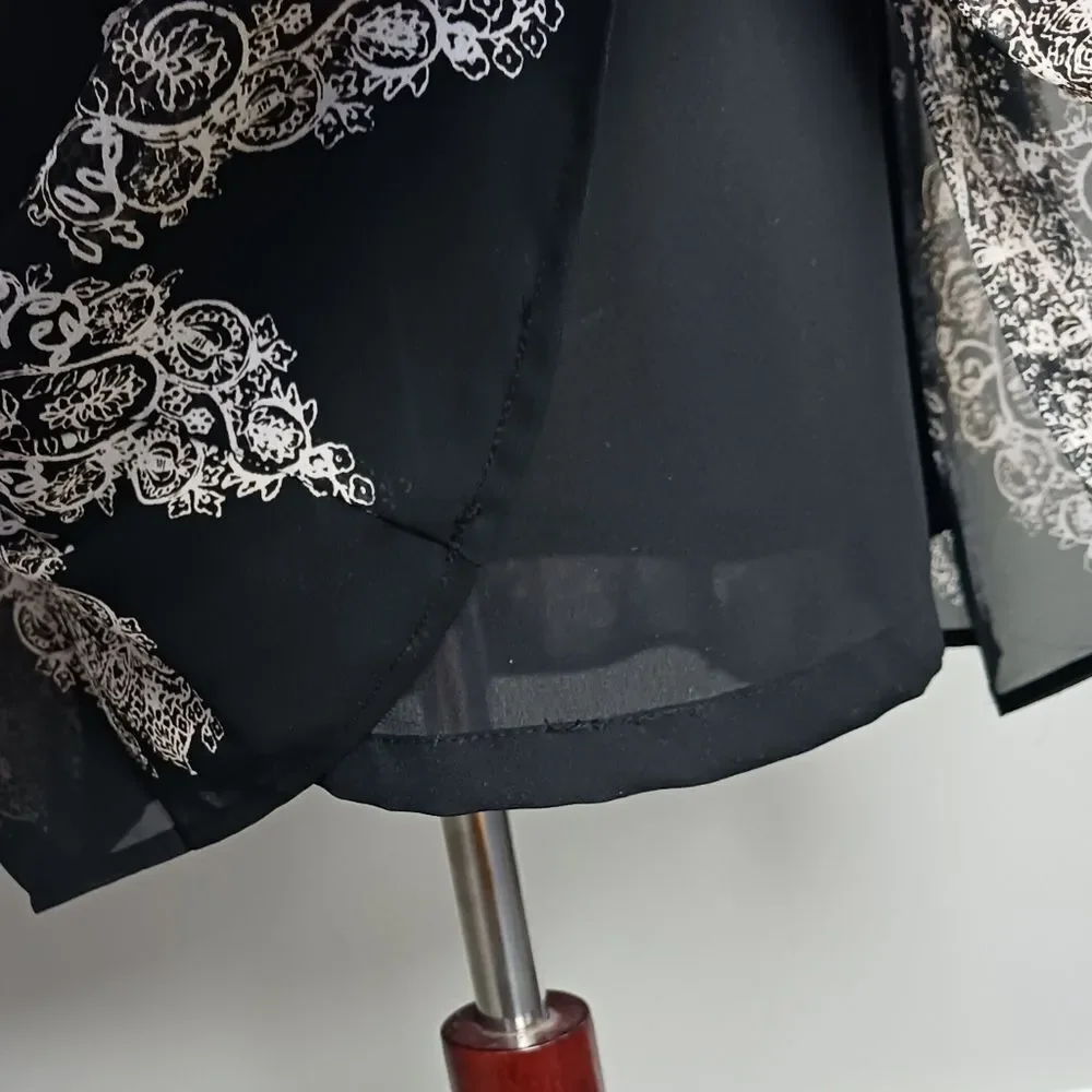 JONES WEAR Midi Skirt Box Pleats Lined Sheer Black White Print Petite Size 4